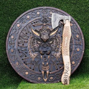 Handcrafted Viking Fenrir Shield 24'' & Engraved Axe Set | Norse Decor