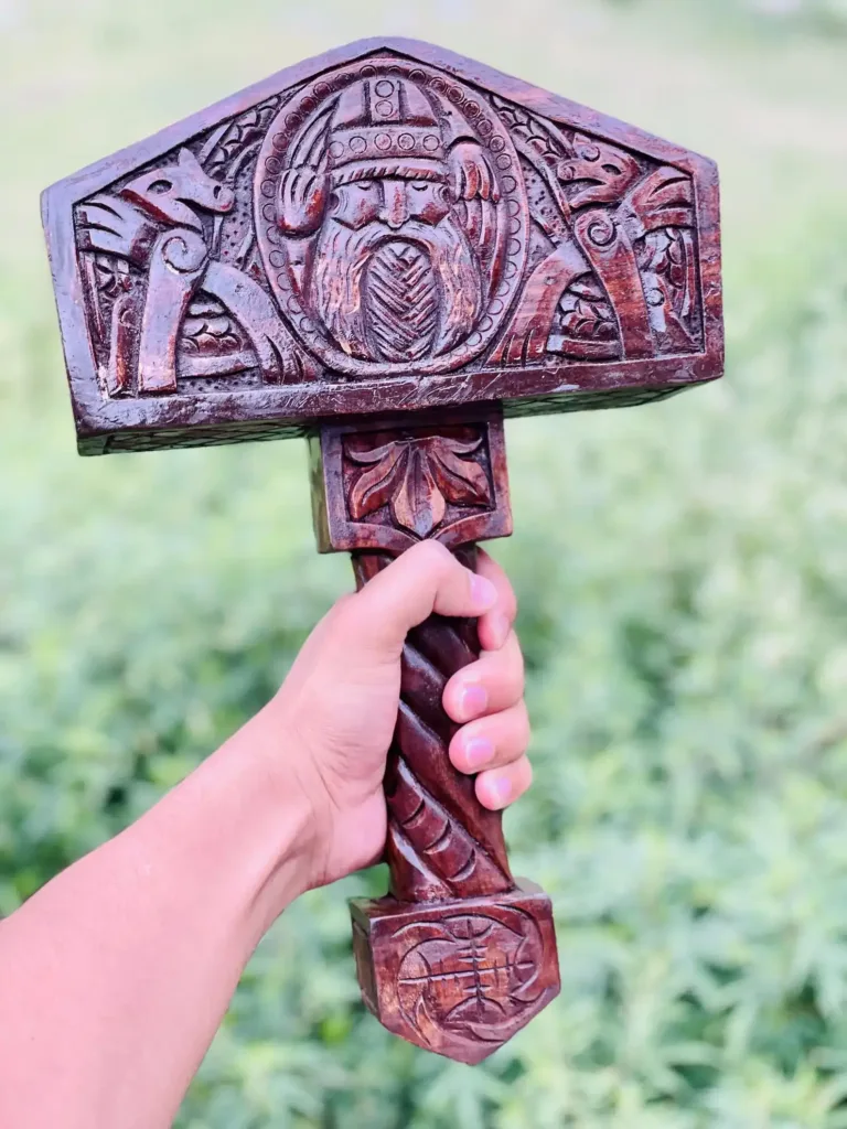 Hand-Carved Wooden Viking Thor's Hammer: Norse Mythology Decor