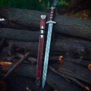Handmade Damascus Steel Viking Sword: Norse Replica with Leather Scabbard