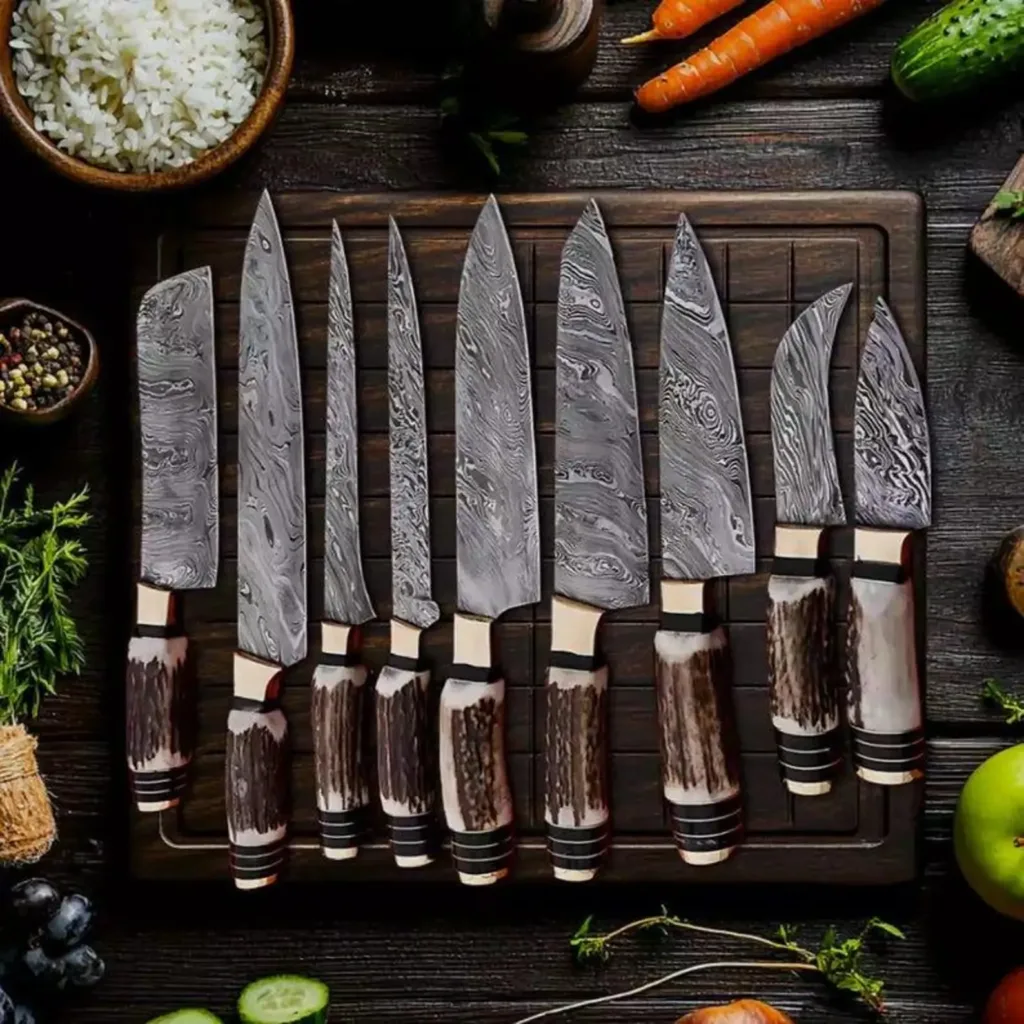 Handmade Damascus Steel Kitchen Knife Set: Antler Handle, 10-Piece Chef Knives