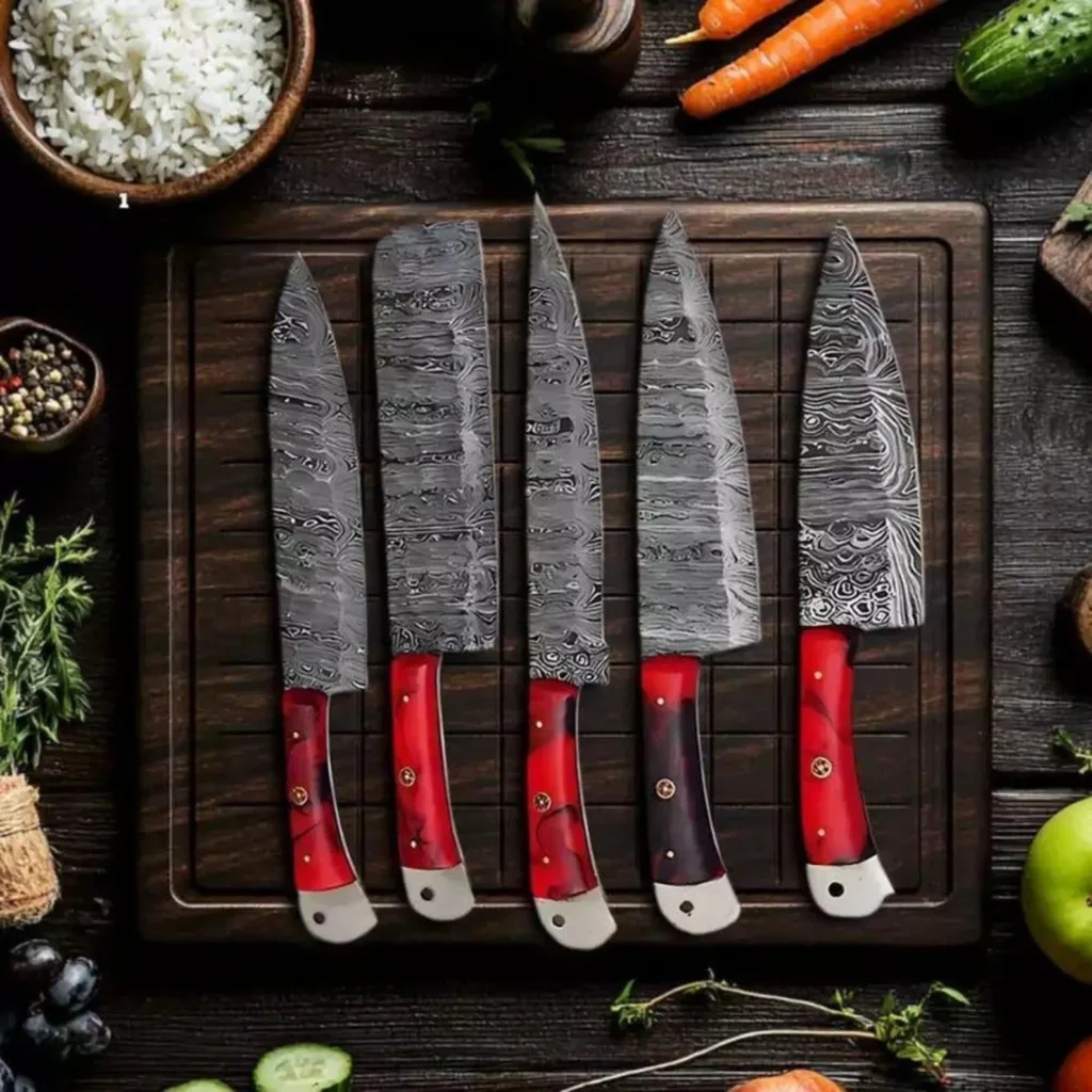 Damascus Steel Chef Knife Set: Red Resin Handle, Handmade Kitchen Knives