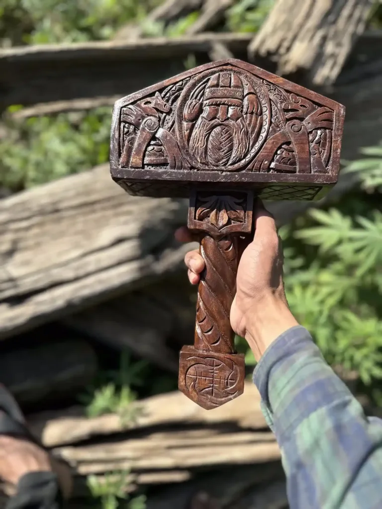 Hand Carved Wooden Mjolnir: Viking Thor Hammer, Norse Decor