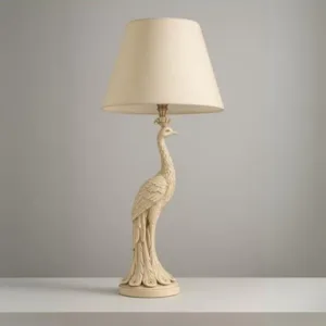 White Peacock Lamp: Elegant Resin Table Lamp with Beige Shade