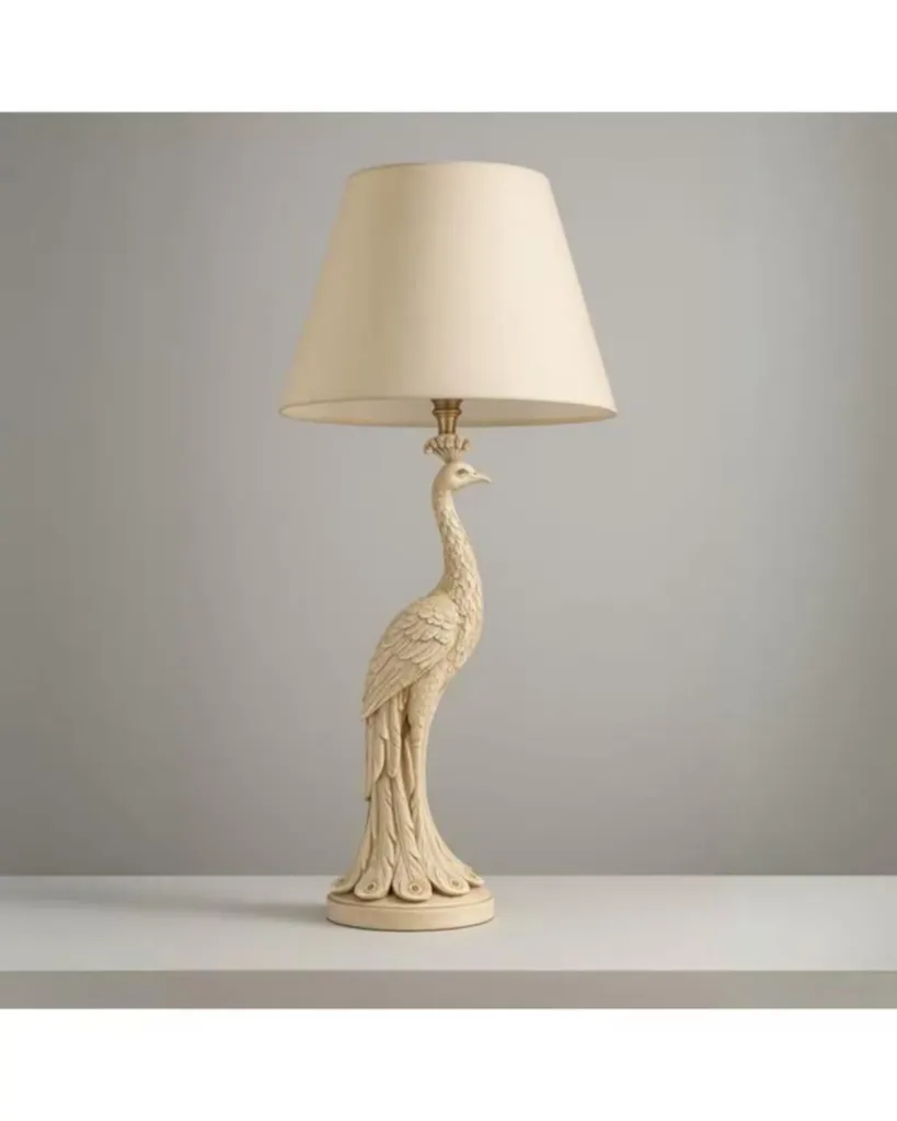 White Peacock Lamp: Elegant Resin Table Lamp with Beige Shade