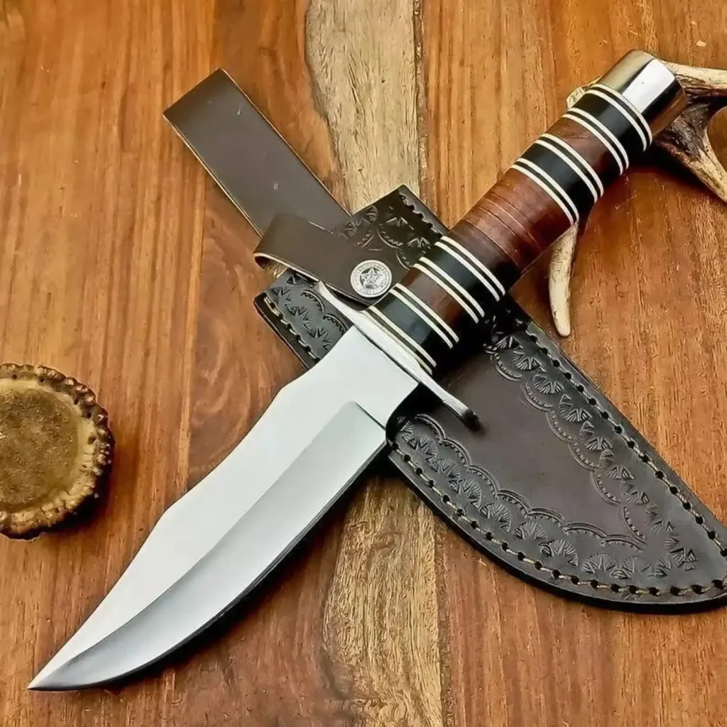 Handmade Bowie Hunting Knife: Stacked Leather Handle, Leather Sheath