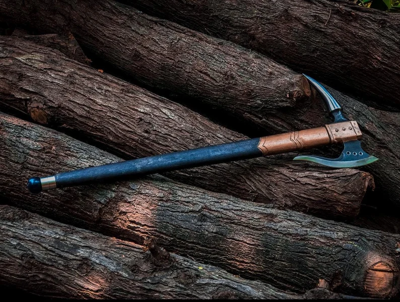 Hand-Forged Viking War Hammer Axe: Carbon Steel Head, Custom Wood Handle