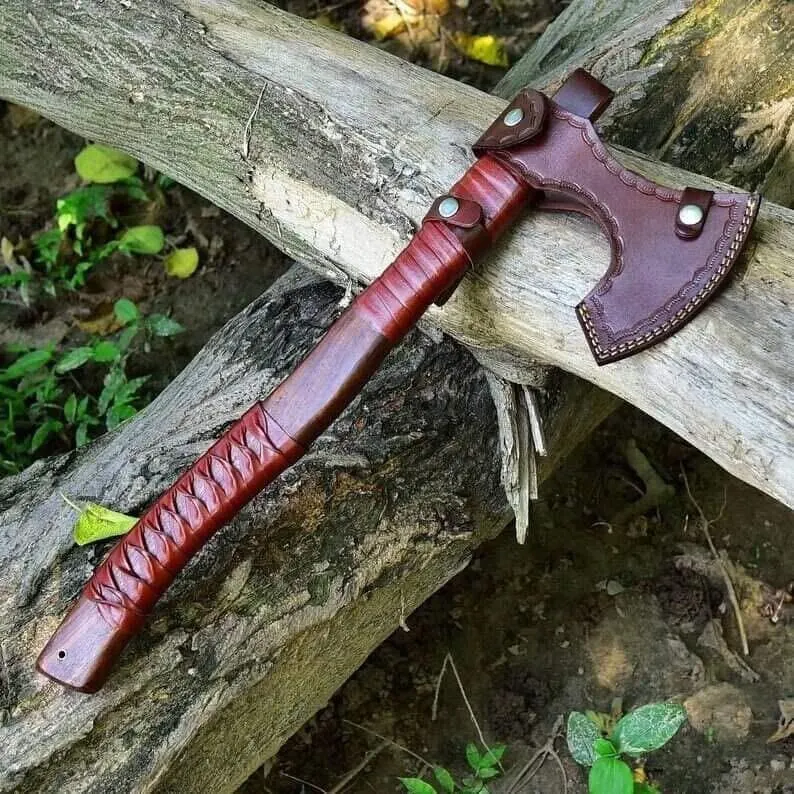 Hand-Forged Viking Axe: Norse Engraved Battle Axe with Leather Sheath