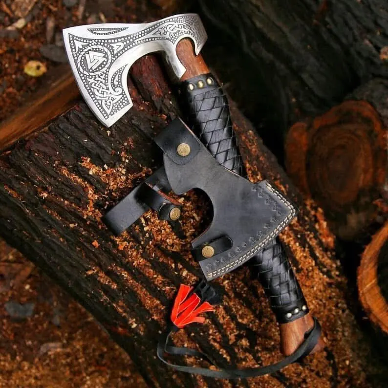 Handmade Carbon Steel Viking Axe: Leather Sheath, Norse Engravings