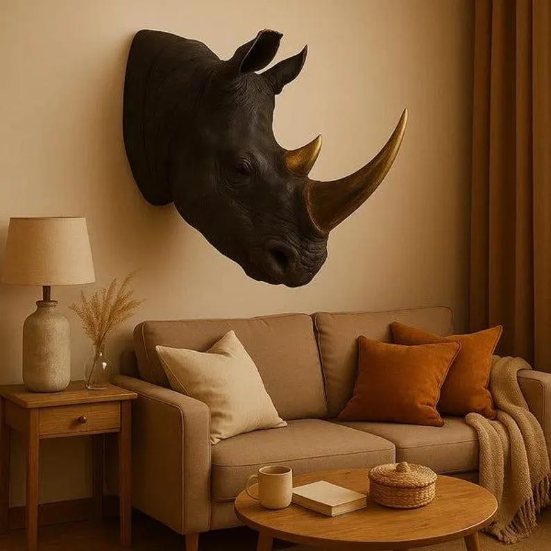 Rhino Crest Wall-Mounted Rhino Sculpture | Handmade Wildlife Decor