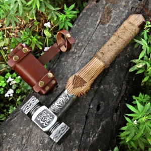 Viking Valknut Hammer with Carved Ashwood Handle - Medieval Norse Gift