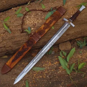 Hand Forged Damascus Steel Viking Sword with Ornate Scabbard