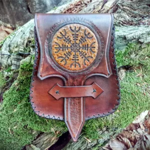Leather Hip Bag, Aegishjalmur Leather Belt Bag, Hand Crafted, Dyed and Sewn, Viking Waist Pouch, Norse Mythology, Handcrafted Bag, Larp Bag