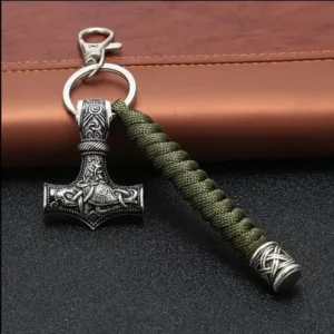 Norse Mythology Mjolnir Hammer Paracord Keyring - Keychain pagan vegvisir old mythology rune glyph Anchor Strength Viking Norse Pendant