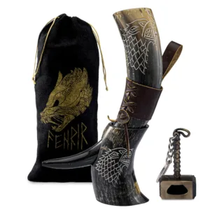 FENRIR Viking Drinking Horn Set: Natural Ox Horn Cup with Stand & Thor Opener