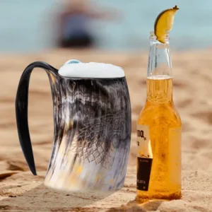 Fenrir Viking Drinking Horn Mug Set – Handmade Ox Horn Cup with Shot Glass & Opener