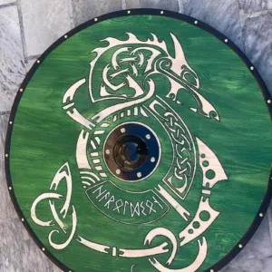 Handmade Viking Shield with Engraved Norse Dragon Design | Green Wooden Shield with Iron Boss – LARP, Cosplay & Reenactment | Birthday Gift