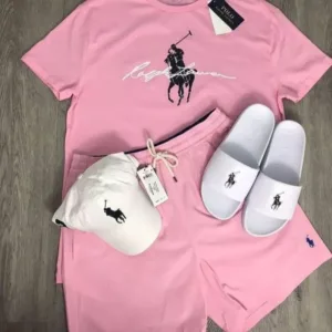 Pink Polo Ralph Lauren Logo Cotton T-Shirt and Shorts Matching Set